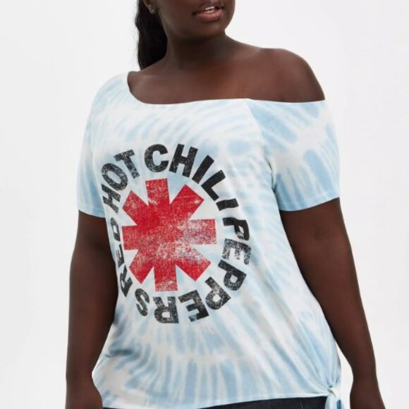 Torrid size 4 Off-Shoulder Tee - Red Hot Chili Peppers White Tie-Dye - Picture 2 of 7